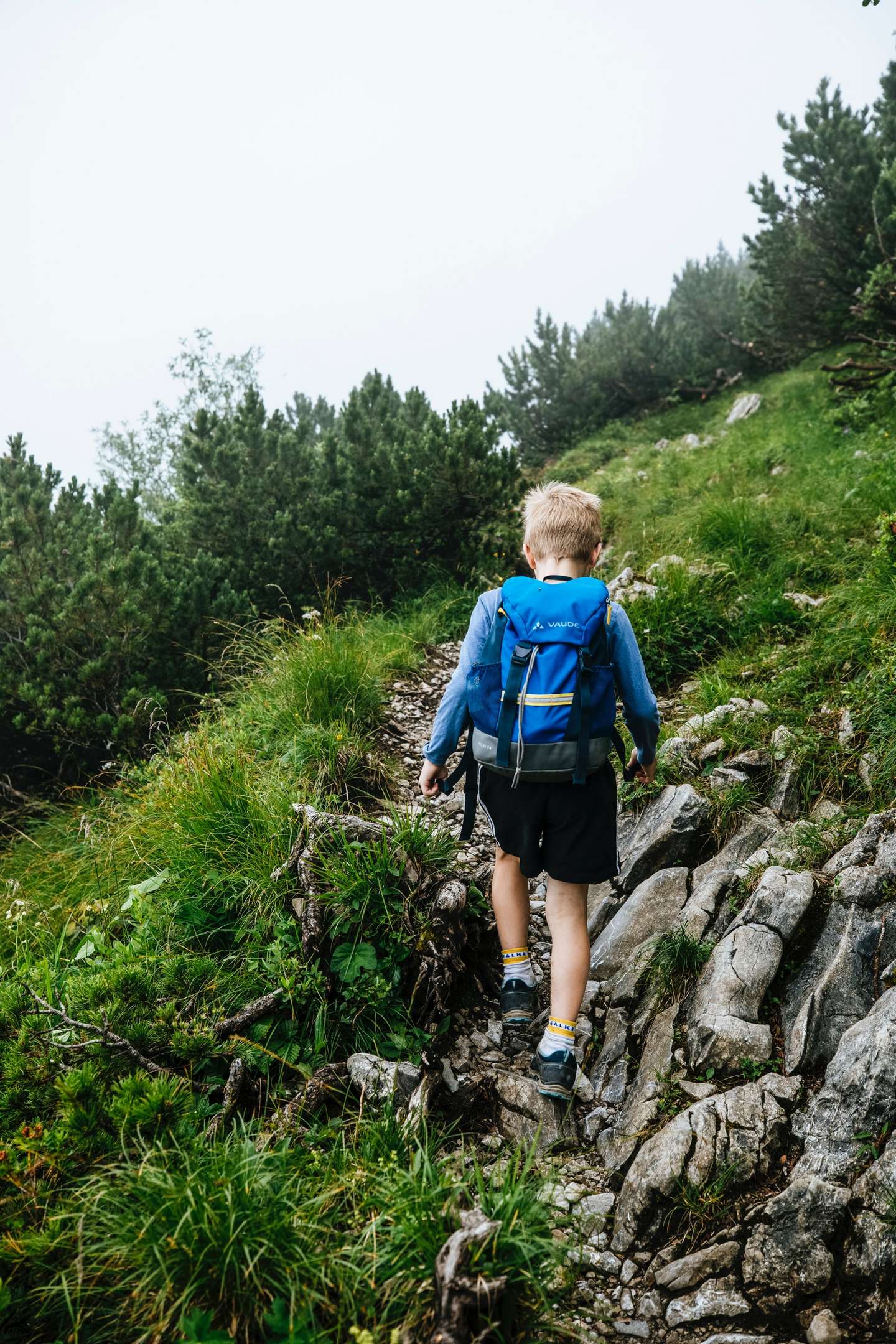 Boy walking up a moutain, on a rocky path